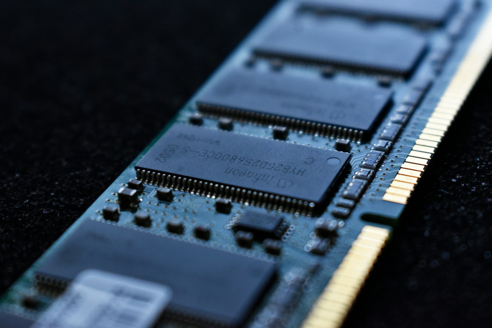 Close-up macro photo of computer RAM memory chips