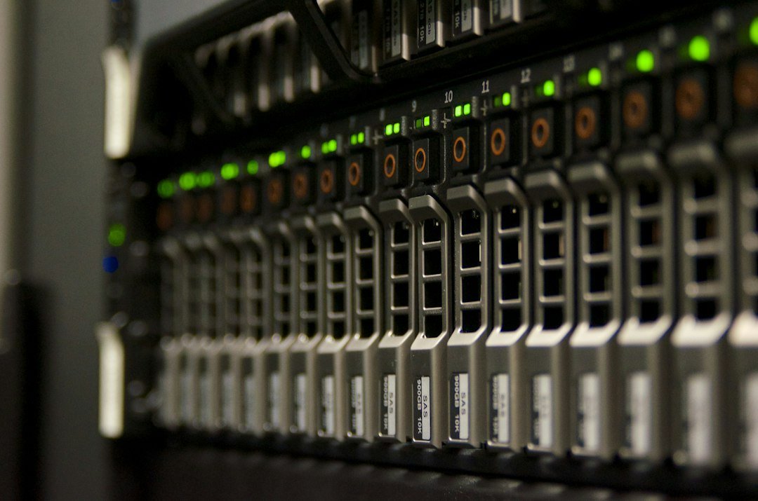 Server rack with blinking green lights representing edge computing infrastructure